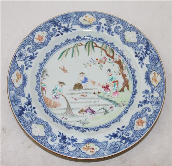 A pair of Chinese famille rose soup plates and matching plate, Qianlong period, diameter 23cm (3)